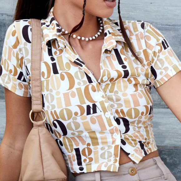 Motel Cream Brown Cowgirl Cropped Jersey Shirt - Picture 4 of 4